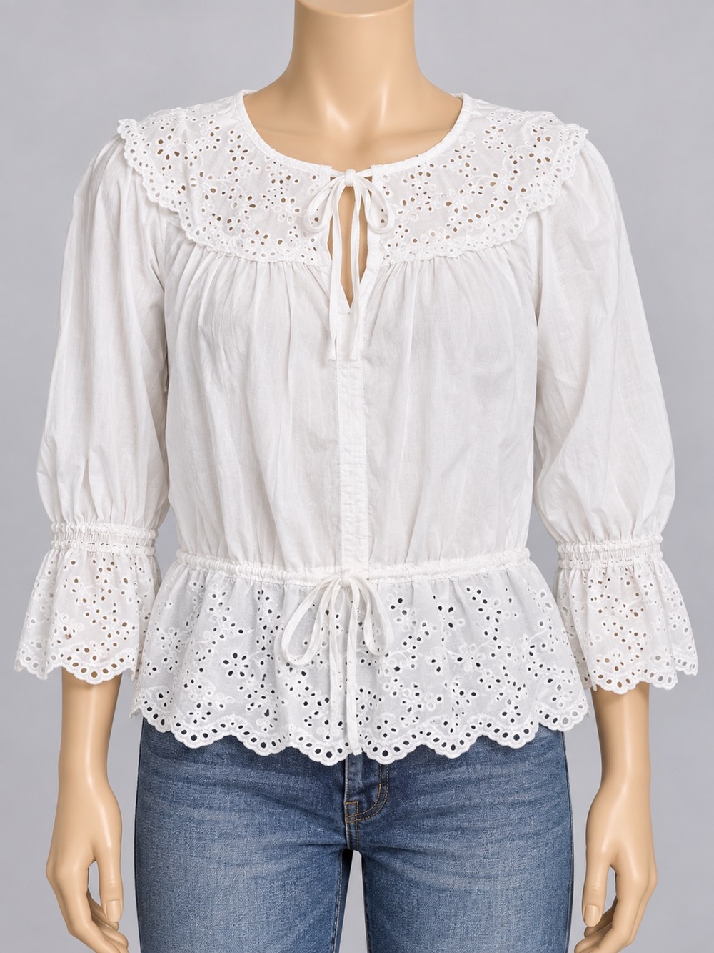 Joie White Eyelet Blouse Women’s XS Broderie Anglaise Peplum Top